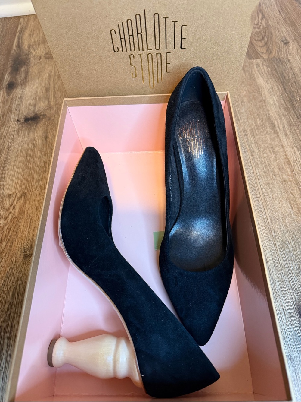Charlotte Stone Black Suede Pumps with Sculpted Wood-Tone Heel - Picture 5 of 5